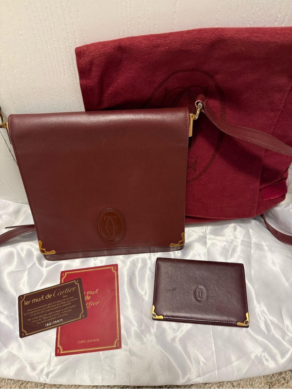 Cartier Burgundy Leather Shoulder Bag with Gold Accents and Card Wallet
